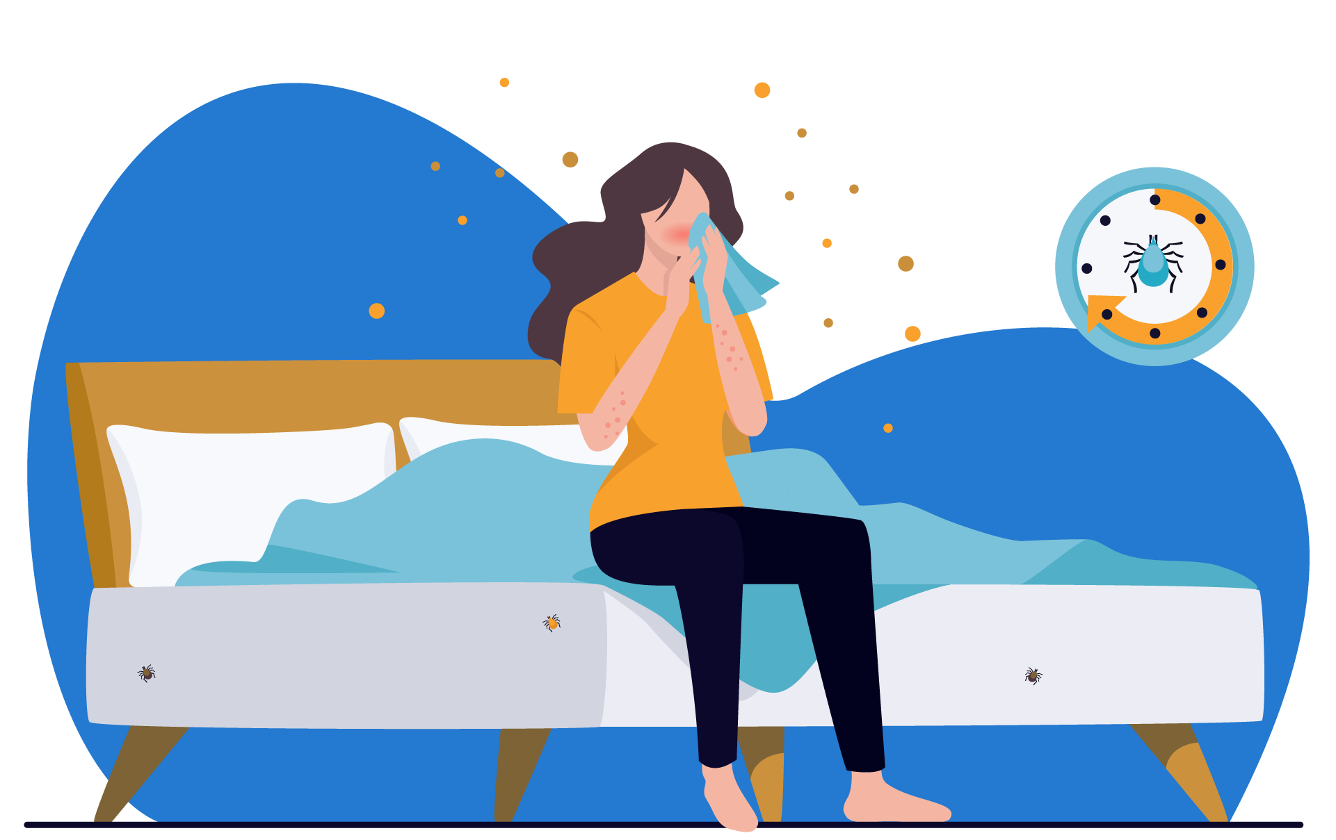 Ilustração de uma mulher sentada na cama, assoando o nariz, com poeira e ácaros em volta dela.